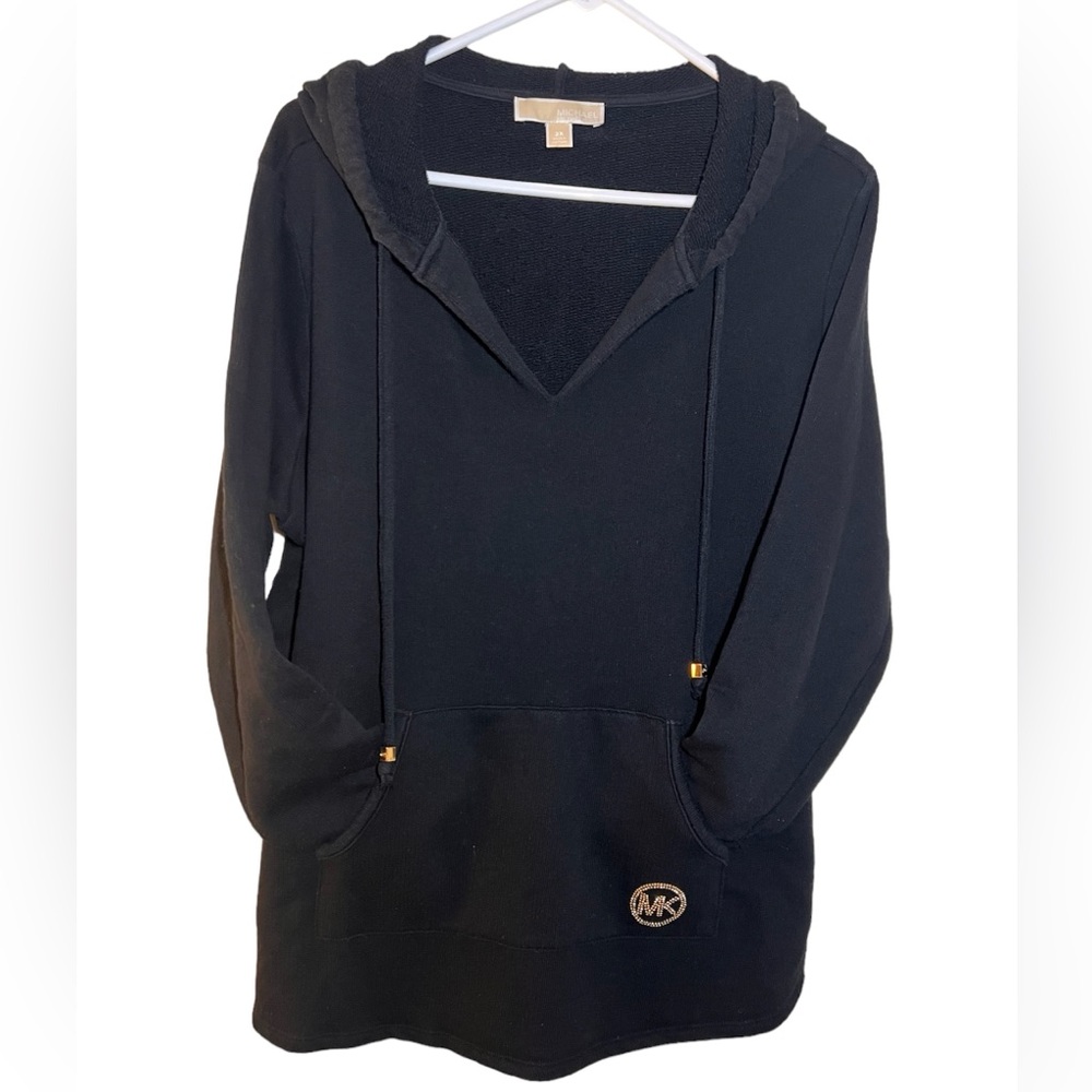 Michael Kors Solid Black Gold rhinestone V-neck Hooded Sweater size 2x